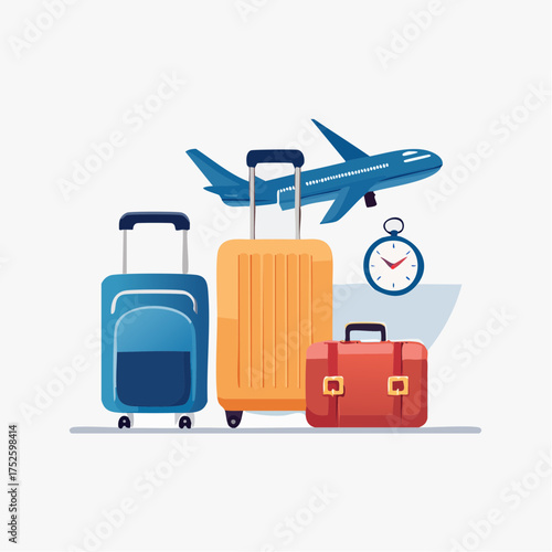 A vibrant illustration depicting essential travel items including various suitcases and an airplane in flight, symbolizing the excitement of vacations, global adventures, and seamless journeys