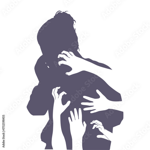Social concept of sexual assault , domestic violence and harassment. Male hands reaching out to a upset woman.