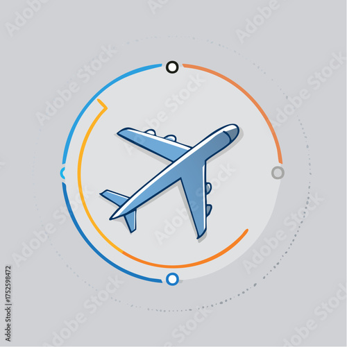 Modern digital illustration of an airplane taking off or flying, encapsulated within a dynamic circular UI element, symbolizing travel, journey progress, and aviation technology concepts
