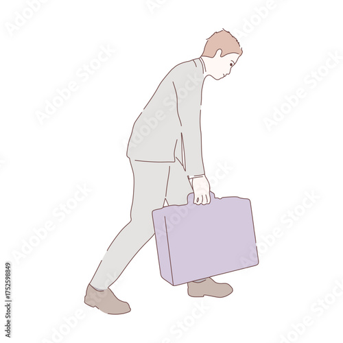 Sad and weary businessman walking with briefcase. Man feeling lonely and having mental pressure or stress. Bankruptcy on global economic recession and failure. Tired character with slumped shoulders.