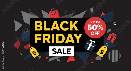 Black friday sale banner with up to 50 off, featuring shopping bags, gift boxes, and geometric shapes on a dark background, perfect for promotional use