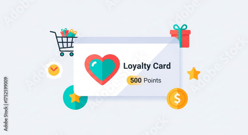 Loyalty card concept with 500 points, featuring a shopping cart, gift box, and coin on a light background