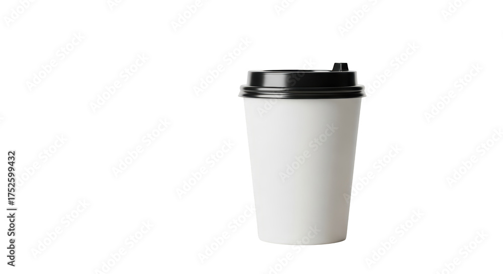 Visual white coffee cup with black lid yang menonjolkan keindahan service, paper, shot, caffeine, restaurant secara.