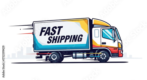 A delivery truck with the words fast shipping on the side, symbolizing quick and efficient delivery service, the truck is colorful