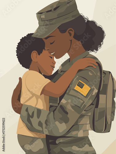 African Female Soldier in Uniform Embracing Child in Heartfelt Moment