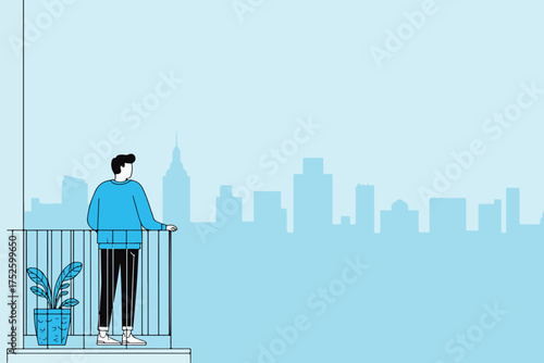 Man on Balcony Overlooking City Skyline
