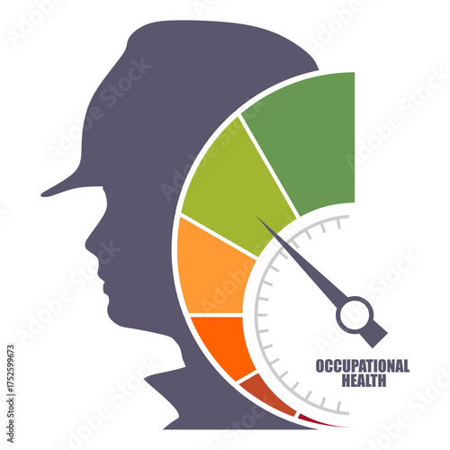 Occupational health level scale with arrow inside head of confident construction manager wearing hardhat. The measuring device. Project management, engineering and safety inspection.