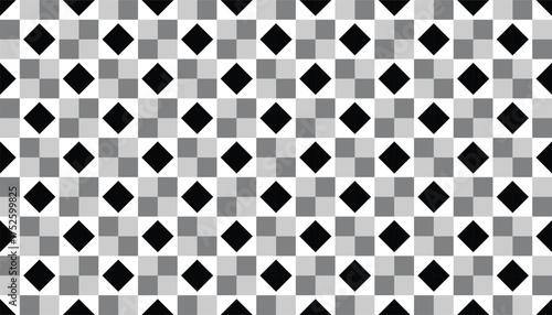 Black and White Geometric Diamond Grid Seamless Pattern. A seamless geometric pattern featuring black diamonds arranged within a grid of gray and white squares. 