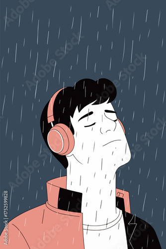 Man Listening to Music in the Rain