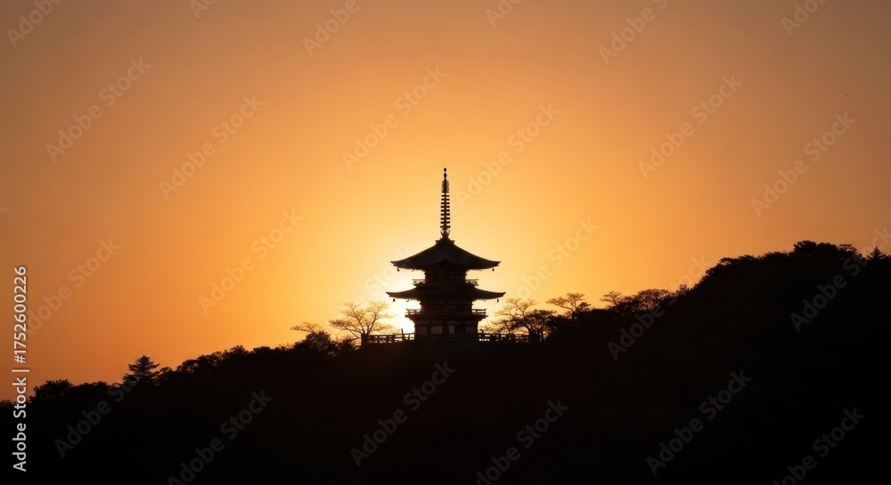 Obraz premium Silhouetted pagoda against a bright, warm sunset sky, on a forested hill