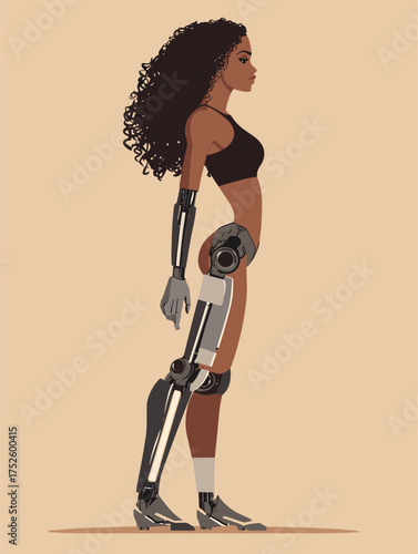 Latina Woman with Metallic Hand and Bionic Leg on Soft Brown Background