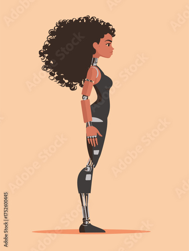 Vector Art of Futuristic Latina Woman with Natural Hair and Cyber Limbs