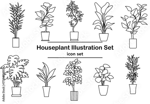 線画で描かれた観葉植物のベクターイラストセット｜モノクロのシンプルなデザインで、インテリアや背景装飾、ナチュラルな雰囲気のデザイン素材として使いやすい構成