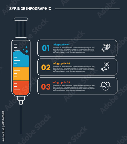 syringe medical health infographic process diagram with vertical liquid standing with stacked round rectangle container with dark background bright outline style 3 points