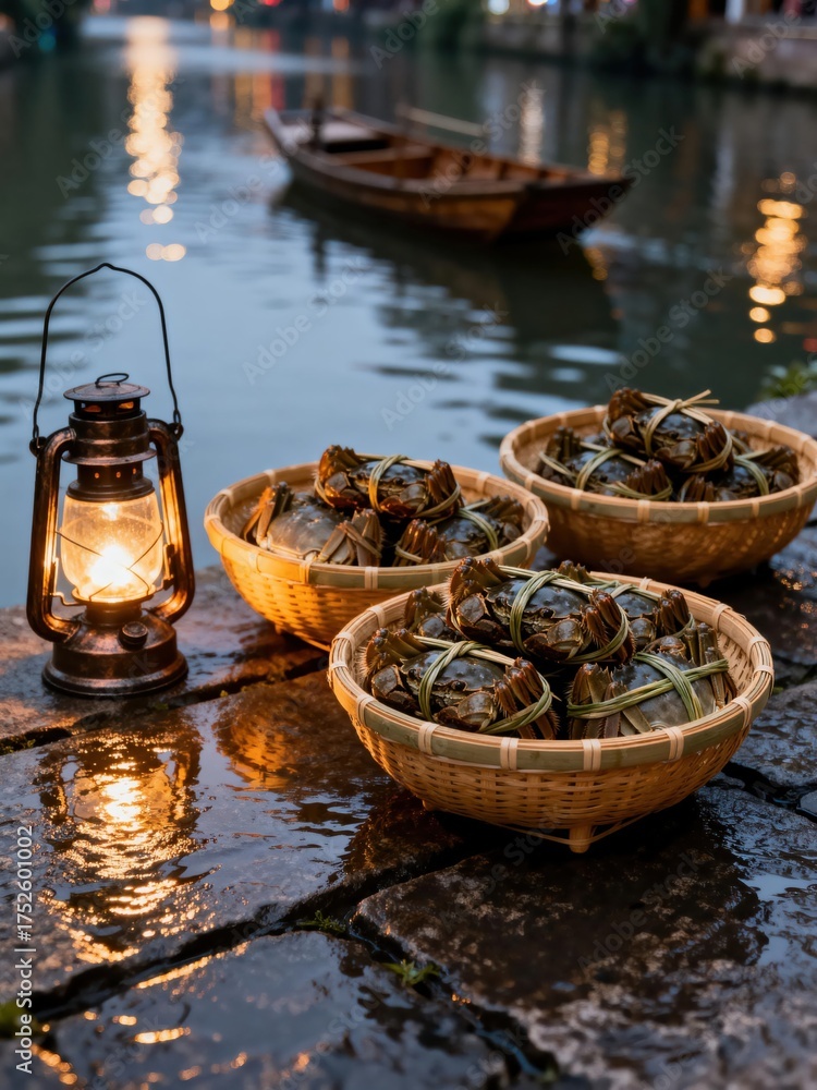 Obraz premium Fresh crabs in baskets by a lanternlit river