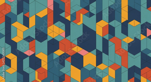 Isometric geometric pattern with colorful cubes and blocks, creating a modern and visually appealing design for backgrounds and creative projects