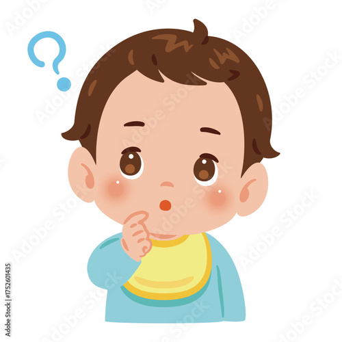 疑問を持つ男の子の赤ちゃん　上半身イラスト／Curious Baby Boy with Questioning Expression　upper body illustration