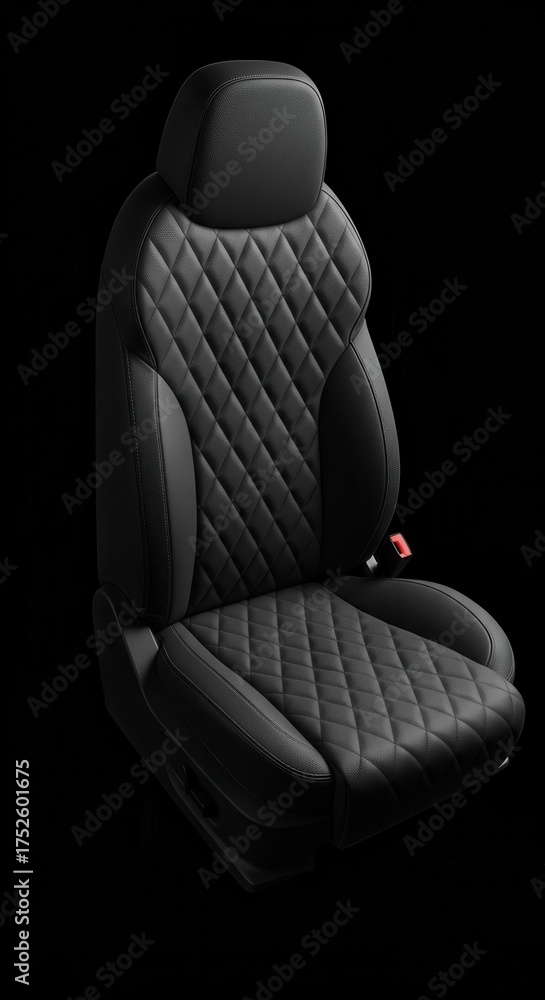Obraz premium Luxurious black quilted leather car seat on a black background.