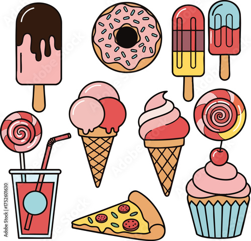 A colorful collection of cartoon junk food and sweet dessert illustrations.