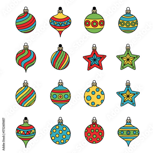 A colorful collection of handdrawn Christmas ornaments featuring various baubles and stars with festive patterns.