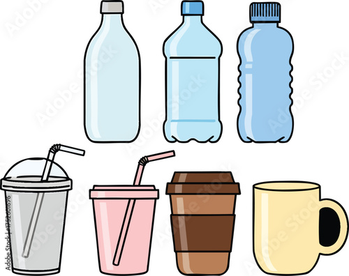 A colorful collection of illustrated beverage containers including plastic bottles cups with straws and a mug.