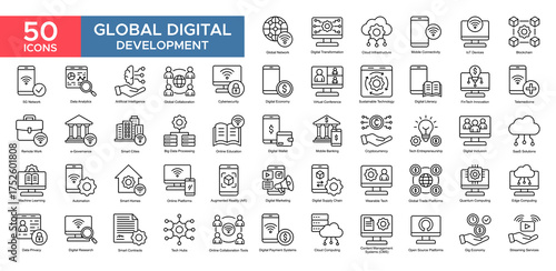 lobal Digital Development collection set. Global Network, Digital Transformation, Global Collaboration,Artificial Intelligence ,Cybersecurity, Blockchain ,Online Education, Digital Marketing, icon. Si