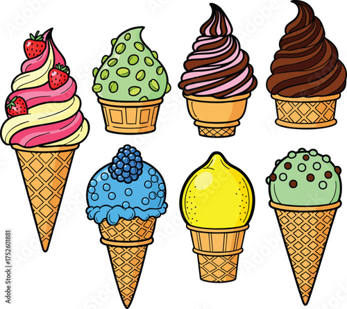 A colorful set of seven assorted cartoon ice cream cones with different flavors and toppings.
