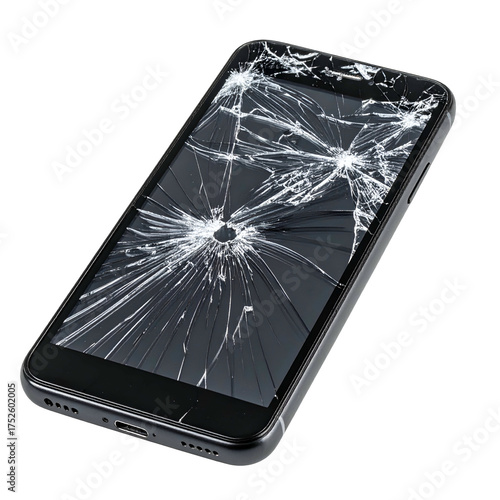 Device screen shows severe impact damage with a web of cracks.