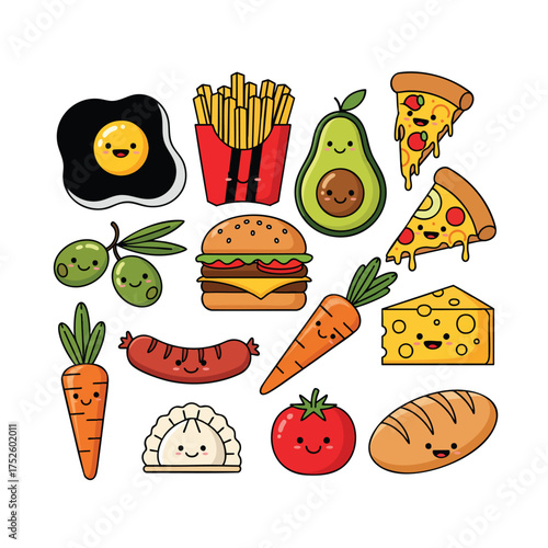 A diverse set of cute cartoon food characters with smiling kawaii faces including fast food and vegetables.