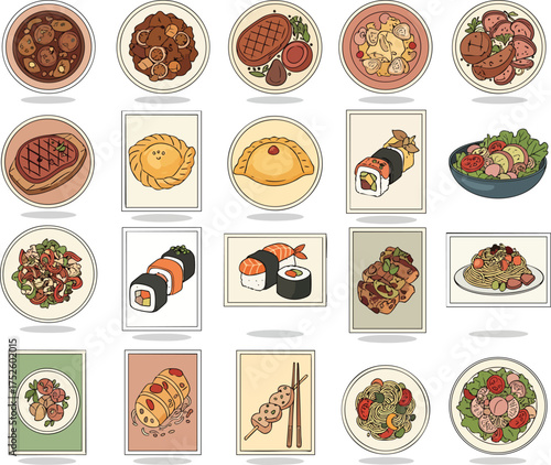 A diverse collection of colorful handdrawn food illustrations featuring various international cuisine dishes like sushi steak and salads.