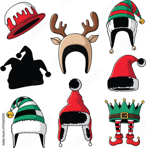 A festive collection of cartoon Christmas hats featuring elf reindeer Santa and jester designs.