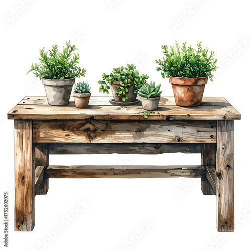 Potted green plants rest on a rustic wooden table.