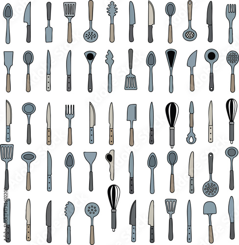 A large collection of colorful handdrawn kitchen utensils including knives spatulas and spoons.