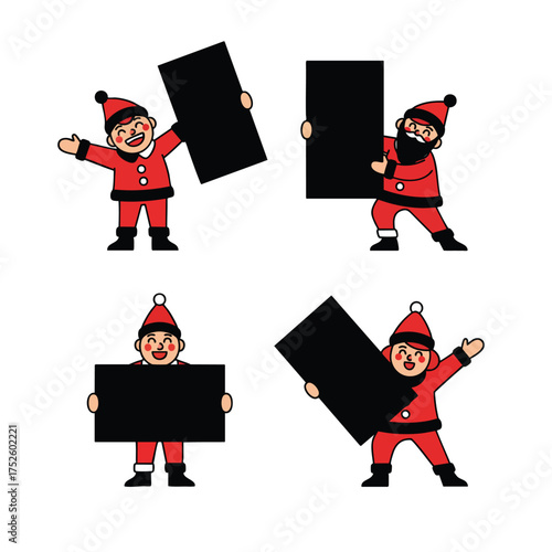 A set of four cute cartoon characters in Santa Claus costumes holding blank black signs for text.