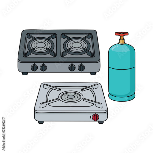 A set of portable gas stoves including single and double burners with a blue LPG cylinder for cooking.