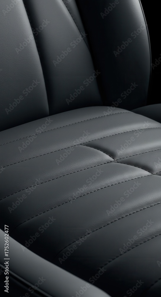 Fototapeta premium Detailed close-up of dark gray stitched leather seat upholstery.
