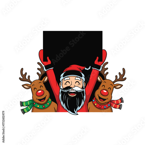 Cheerful cartoon Santa Claus and two happy reindeer holding a blank black sign for Christmas message.