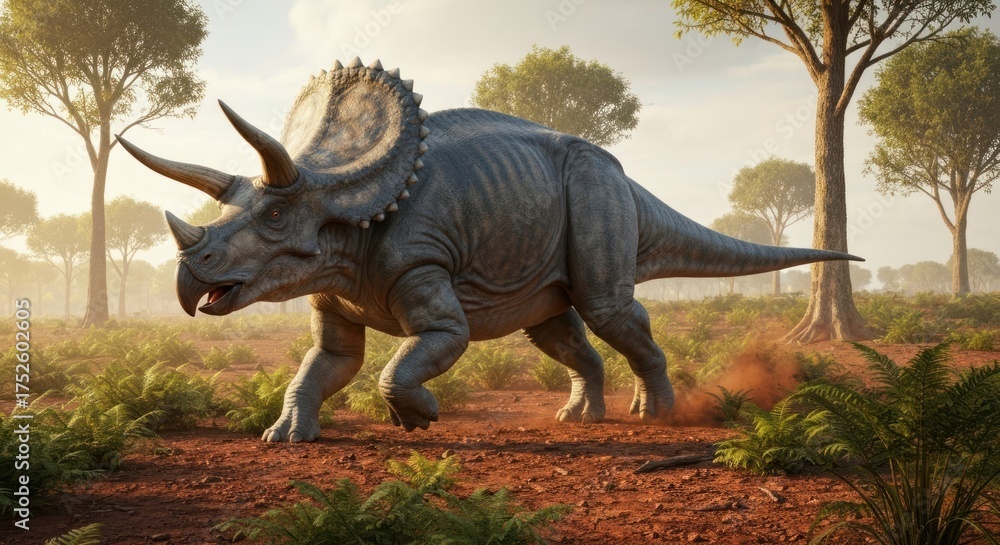 Fototapeta premium Triceratops stomps on barren land with ferns, trees, and a hazy sky backdrop