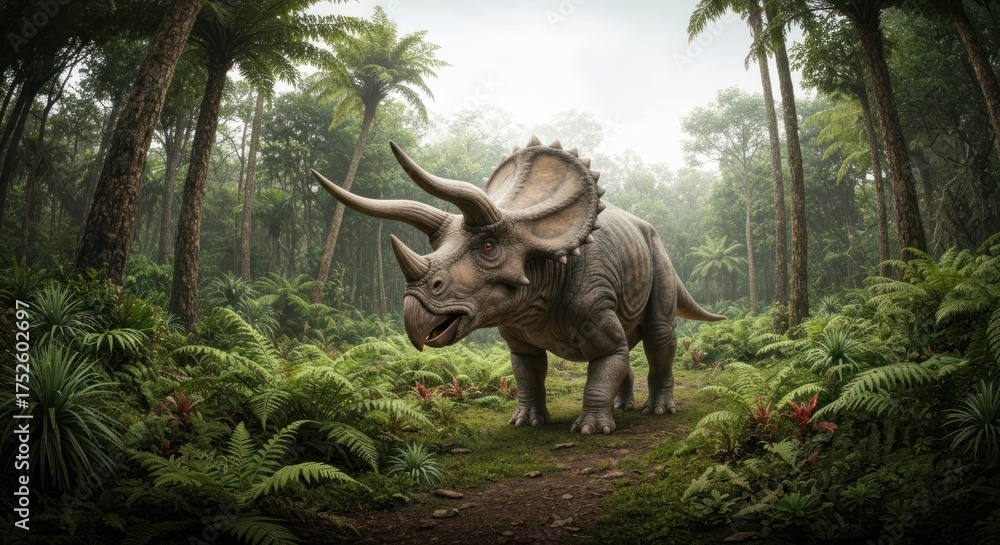 Fototapeta premium Triceratops standing in a lush, green prehistoric rainforest