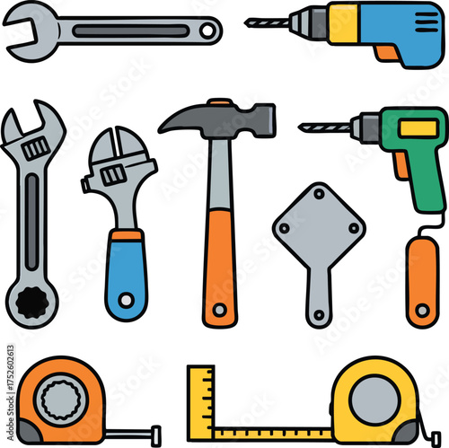 Colorful cartoon illustration set of various hand and power tools for construction and repair.