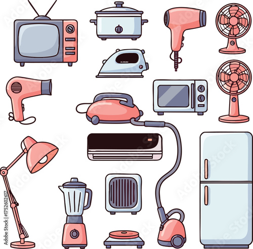 Colorful cartoon vector illustration set of various household appliances and home electronics.