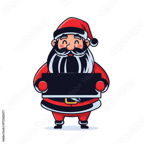 Friendly cartoon Santa Claus character holding a blank black sign for custom text.