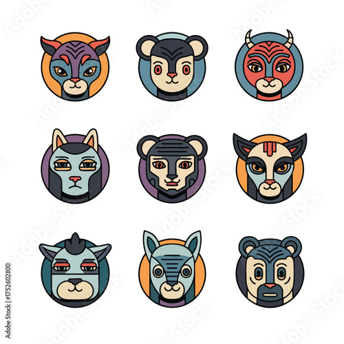 Set of nine circular vector icons featuring stylized colorful animal faces with a tribal mask aesthetic.
