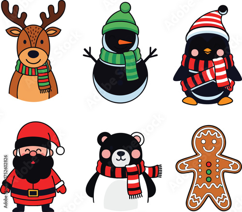 Set of six cute cartoon Christmas holiday characters reindeer snowman penguin Santa bear and gingerbread man.