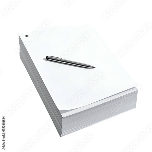 A metal pen rests on a stack of white paper sheets.