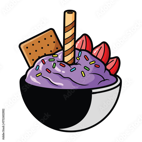 Vibrant cartoon bowl of purple ice cream with colorful sprinkles wafer and fresh strawberries.