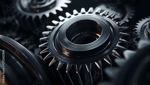 Intricate close up of polished metallic interlocking gears and cogs creating a complex mechanical system in dark industrial setting
