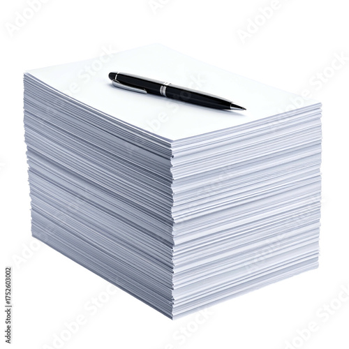 Pen rests on stack of white paper sheets, ready for writing.