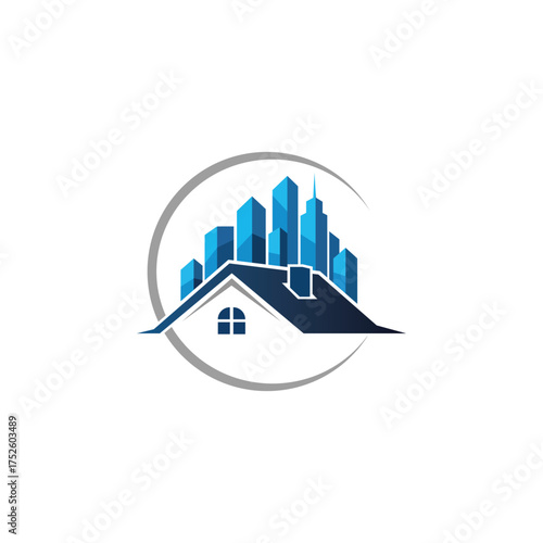 Real estate logo with house and city skyline