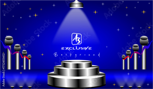 Golden podium with unique blue carpet background and design for showing products or items  and winning one with light 